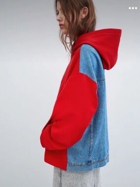 ZARA UNIQUE RED HOODED SWEATSHIRT W/DENIM JEAN JACKET BACK OVERSIZED SZ S